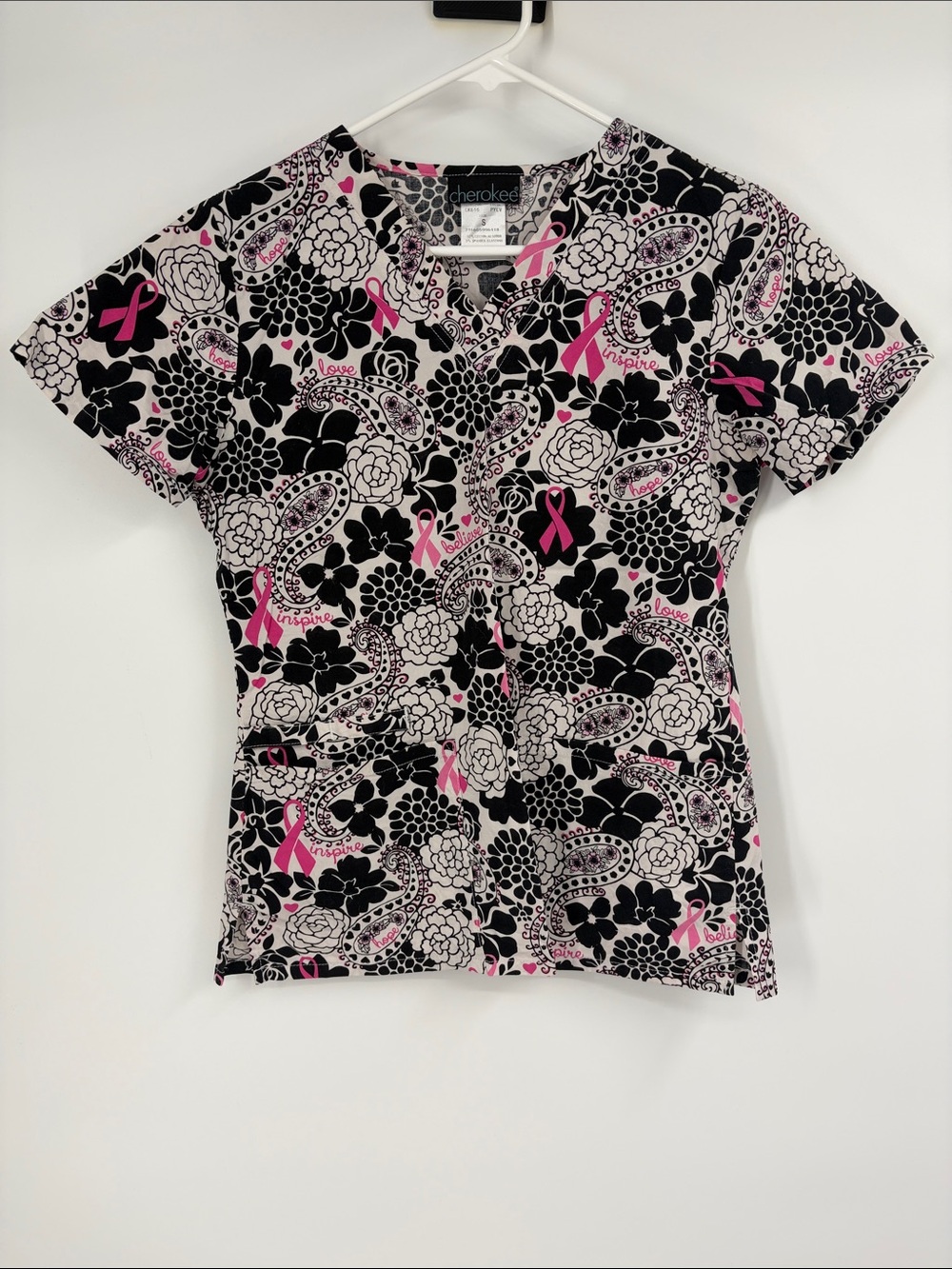 Cherokee Black White and Pink Ribbon Print Scrub Top Size Small